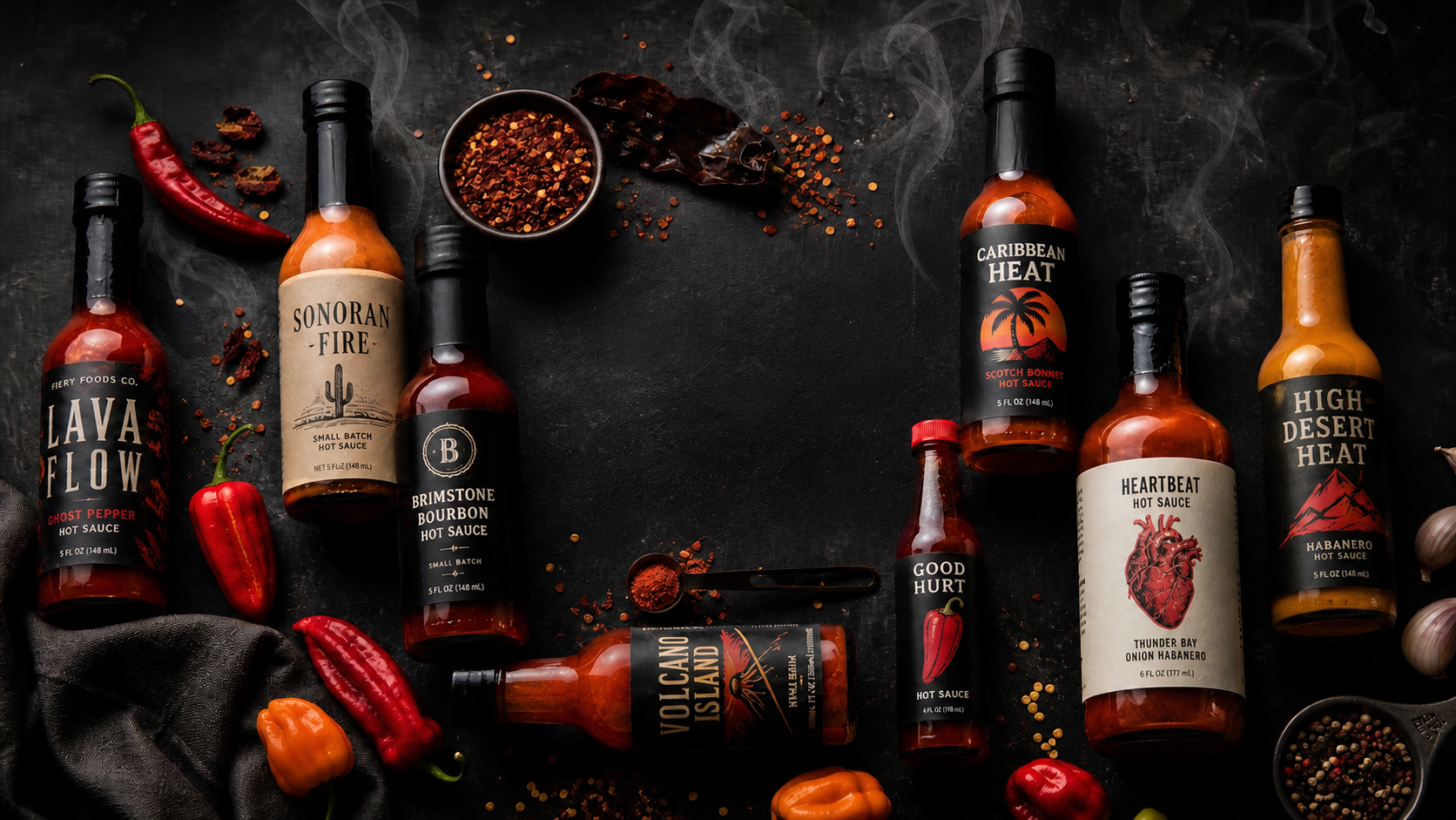 Array of artisan hot sauce bottles arranged around a dark slate surface
